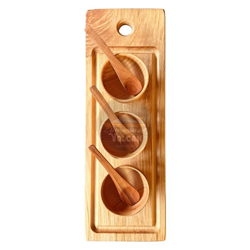 Set Aperitivo Tabla de Raulí con Surco 40×14 cm + 3 Pocillos y Cucharas · Artesanal Pucón