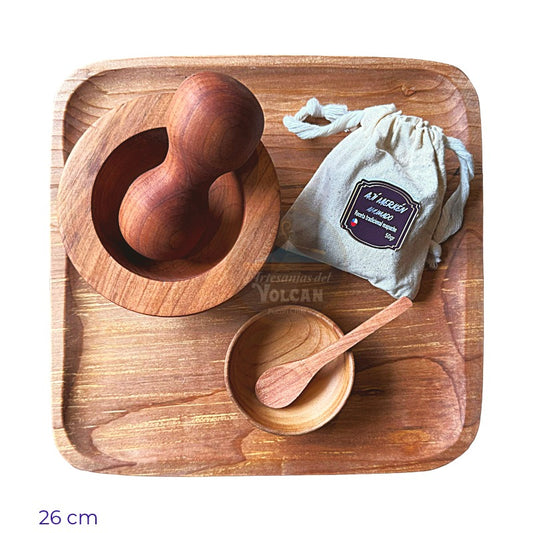 Plato de madera nativa con mortero, pocillo y cuchara de madera. Merken 50 gramos 