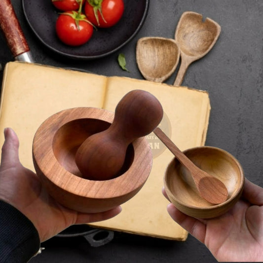 Set Plato de Madera Nativa 25 cm con Merkén y Mortero 12 cm