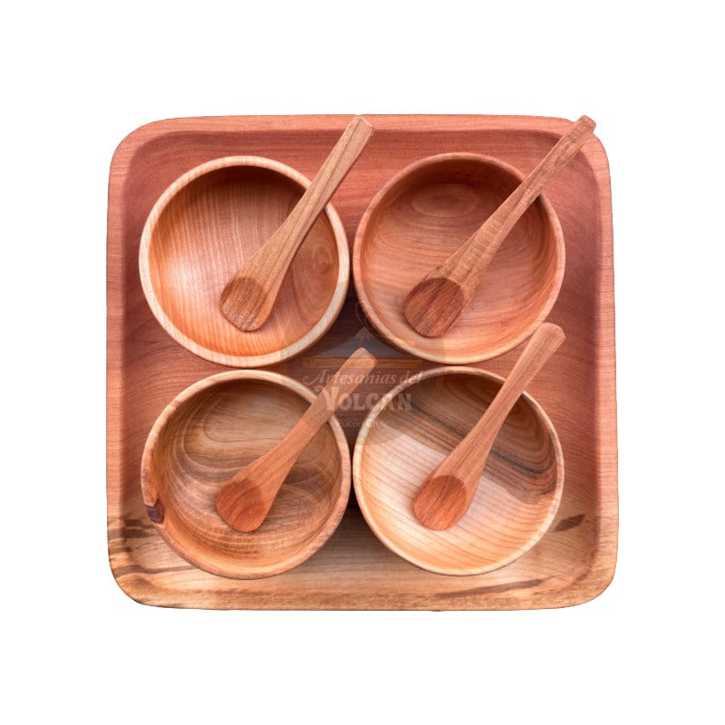 Set Aperitivo · Plato de Raulí 25×25 cm + Pocillos · Hecho a Mano en Pucón