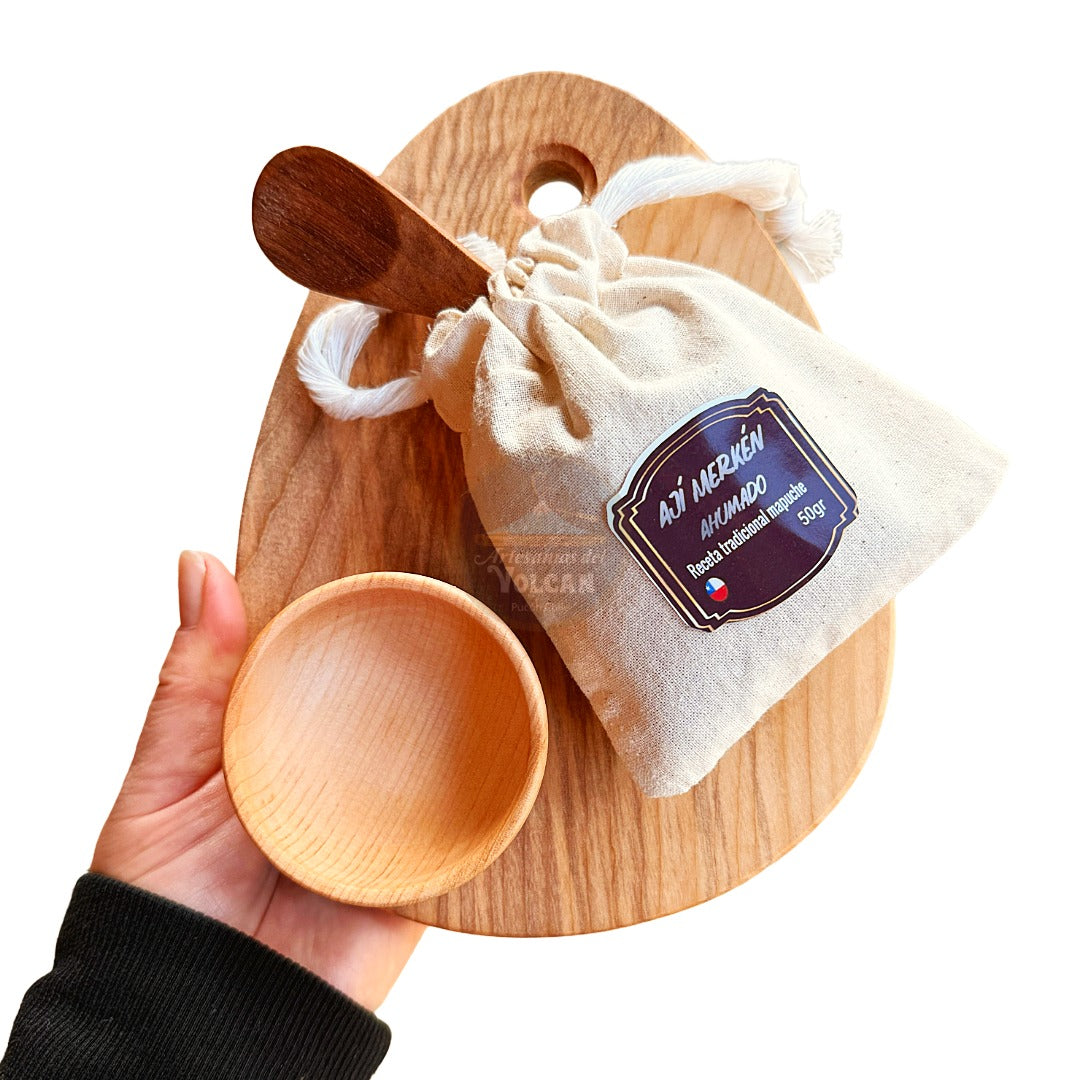 Set Aperitivo Gota · Tabla, Pocillo y Cucharas de Madera Nativa + Merkén · Pucón