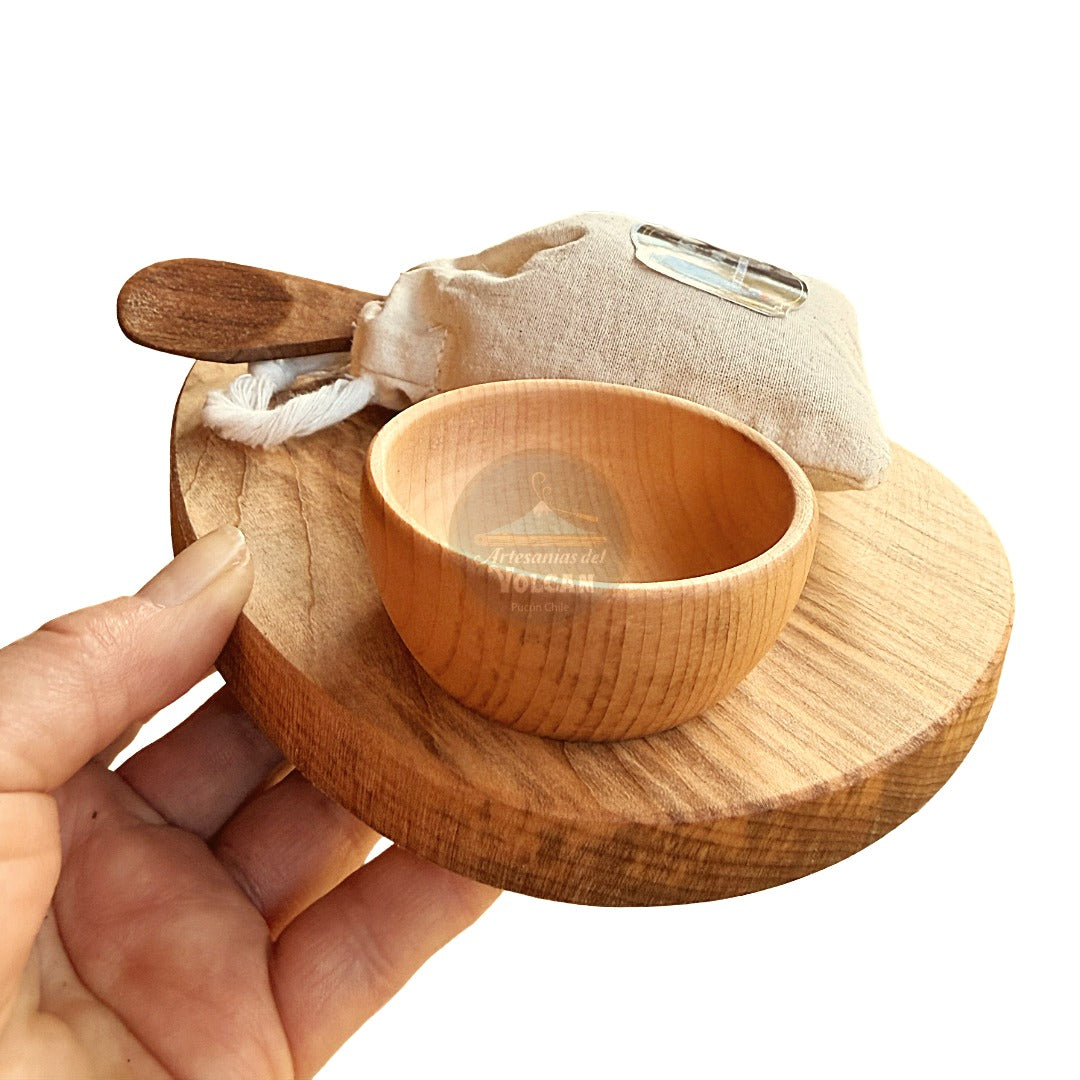 Set Aperitivo Gota · Tabla, Pocillo y Cucharas de Madera Nativa + Merkén · Pucón