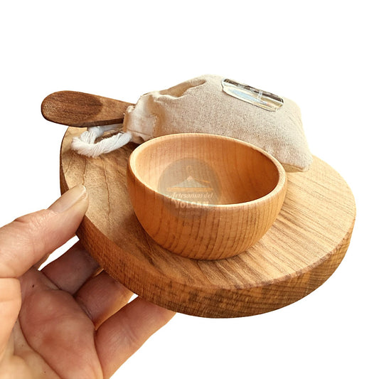 Set Aperitivo Gota · Tabla, Pocillo y Cucharas de Madera Nativa + Merkén · Pucón