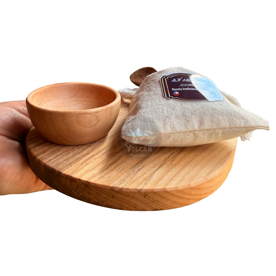 Set Aperitivo Gota · Tabla, Pocillo y Cucharas de Madera Nativa + Merkén · Pucón