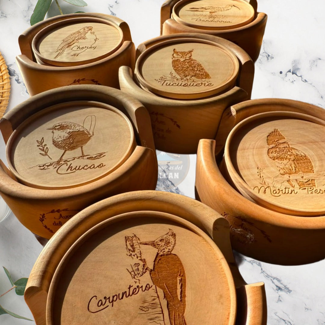 Set 6 Posavasos Aves del Sur de Chile · Madera Nativa 9 cm · Diseño Exclusivo Pucón