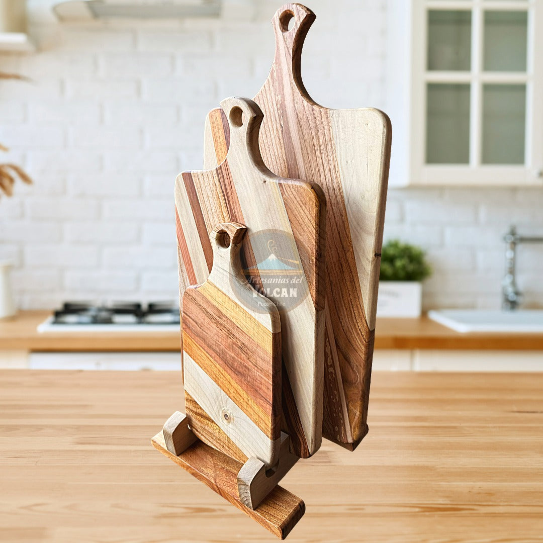 Set de 3 tablas de madera nativa con portatablas